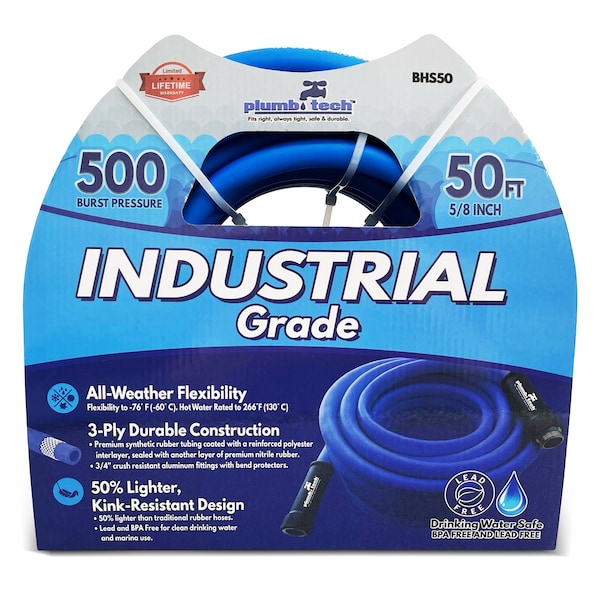 Plumb Tech 5/8 in ID x 50 ft L Water Hose, Rubber Tube, Blue BHS50 - main